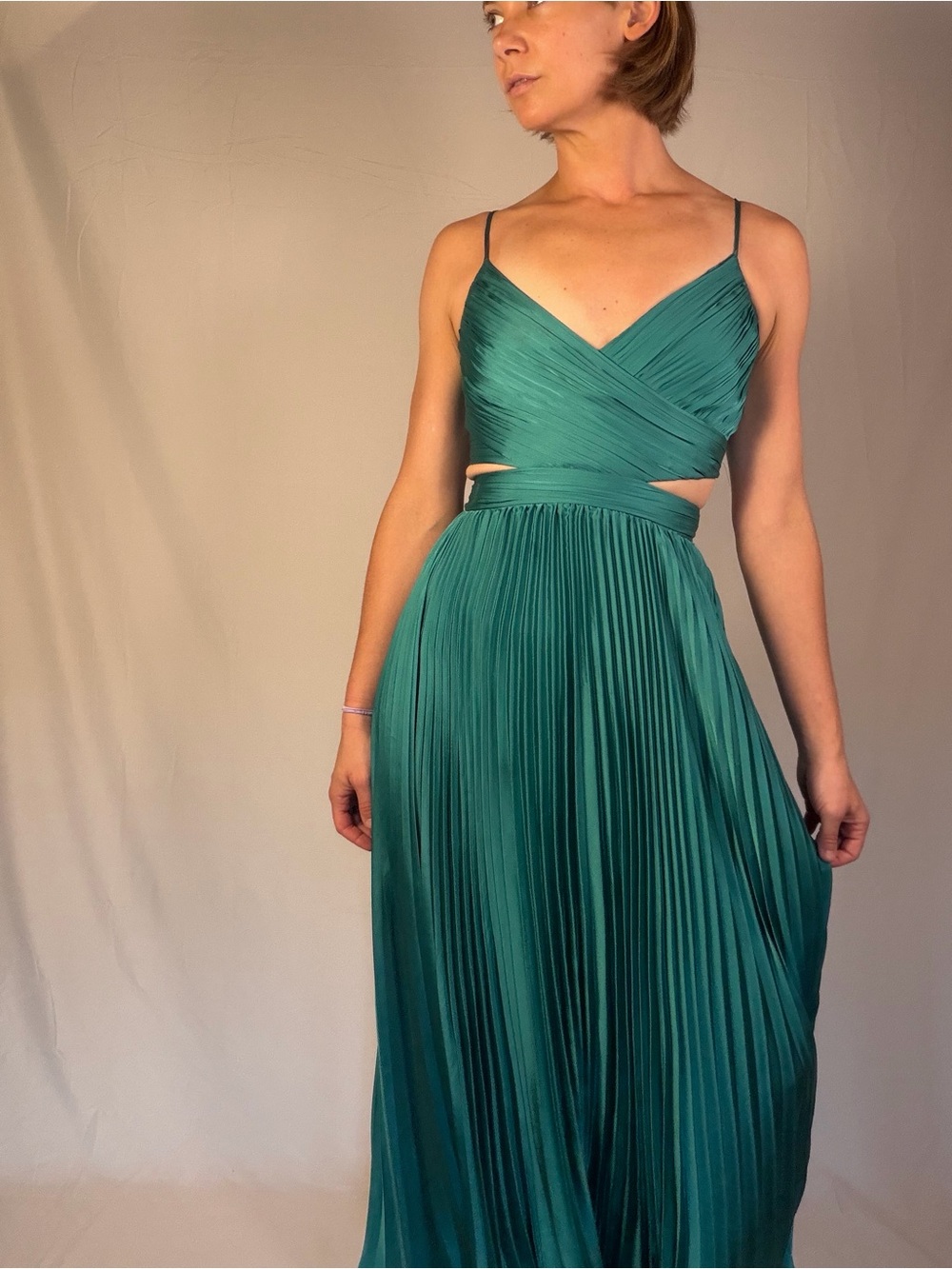 Teal Pleated Satin Maxi Dress with Cutout Waist